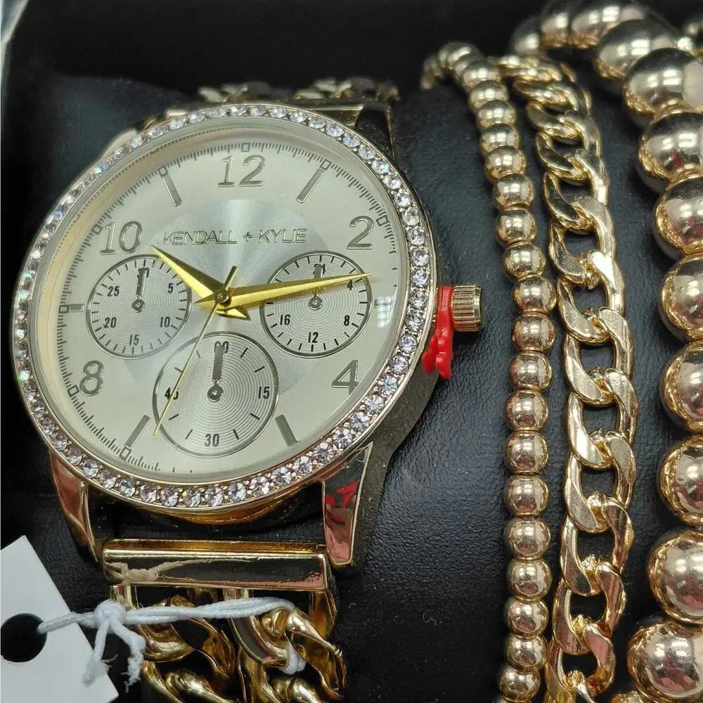 Kendall + Kylie Womens Gold Tone Watch Bracelet Set Crystal Bezel Gift Jewelry